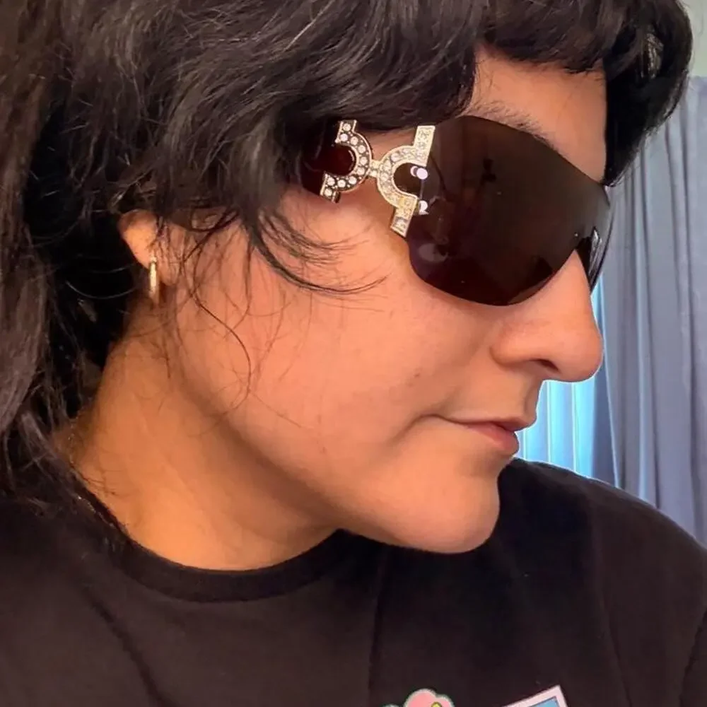 Brown shield sunglasses featuring oversized rimless lenses rhinestone luxe y2k